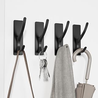 Stick on Hooks for Hanging, Extra Sticky 6KG (Max), Coat Hook on Door for Towel Coat Hat Key, Metal Stainless Heavy Duty, Self Adhesive Hangers Wall Mounted for Bathroom Shower Kitchen, Black, 4 Pack