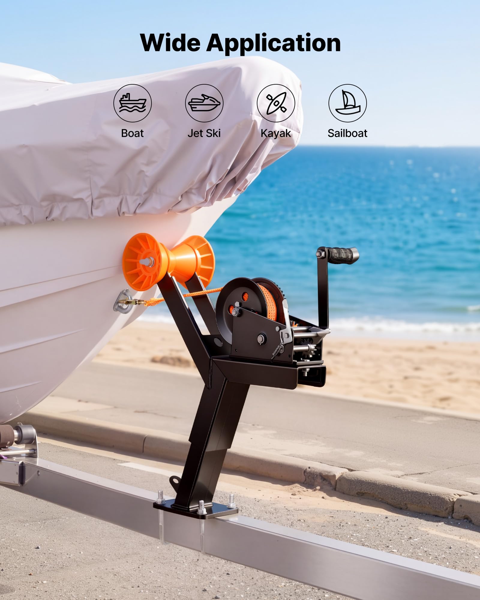 VEVOR Verricello Manuale per Barca 1588 kg con Supporto per Verricello da Rimorchi, Cinghia in Poliestere da 6,1 m, per Timone del Rimorchi 2–3" L x 3–4" H, Moto d'Acqua, Barca a Vela e Motoscafi