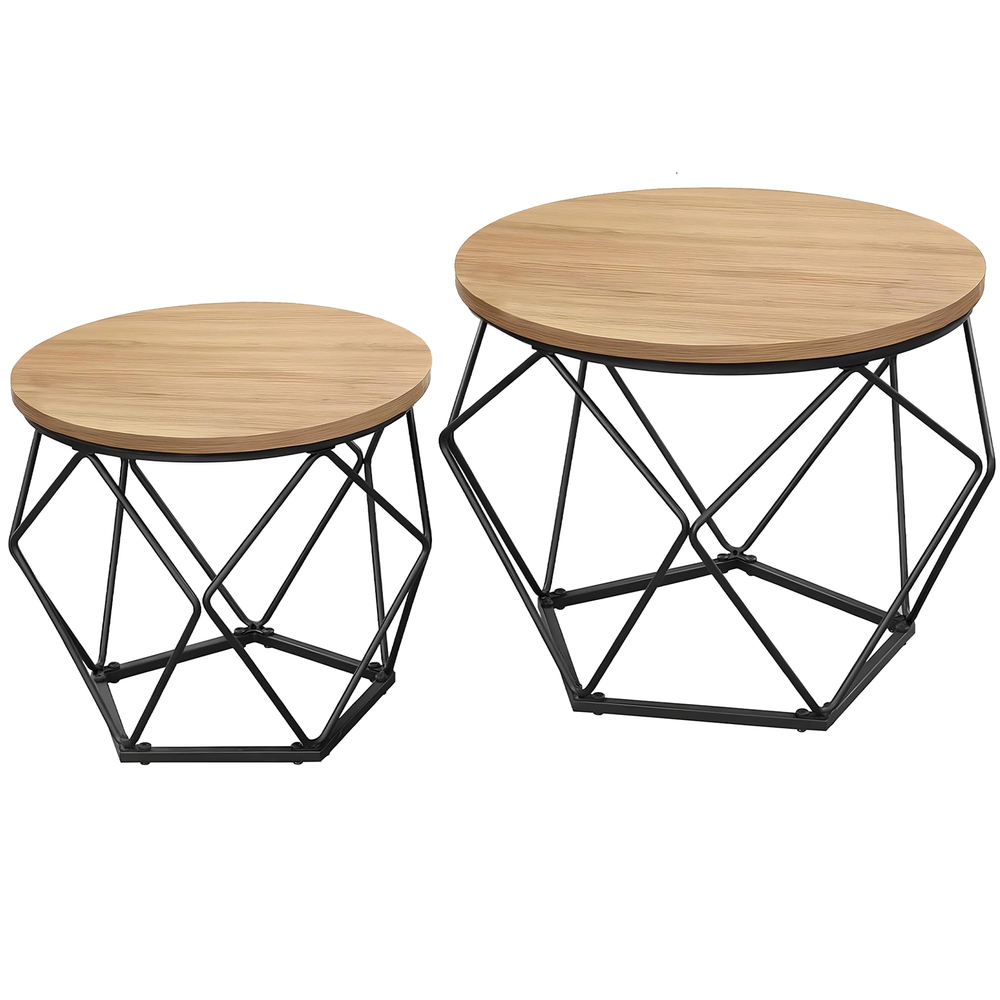 SG Traders Round Coffee Table - Diamond Shaped Table Round Top with Durable Metal Frame, Removable Top Accent Side Tables for Living Room, Easy Assembly, Space-Saving Design (Natural Pack - 2)
