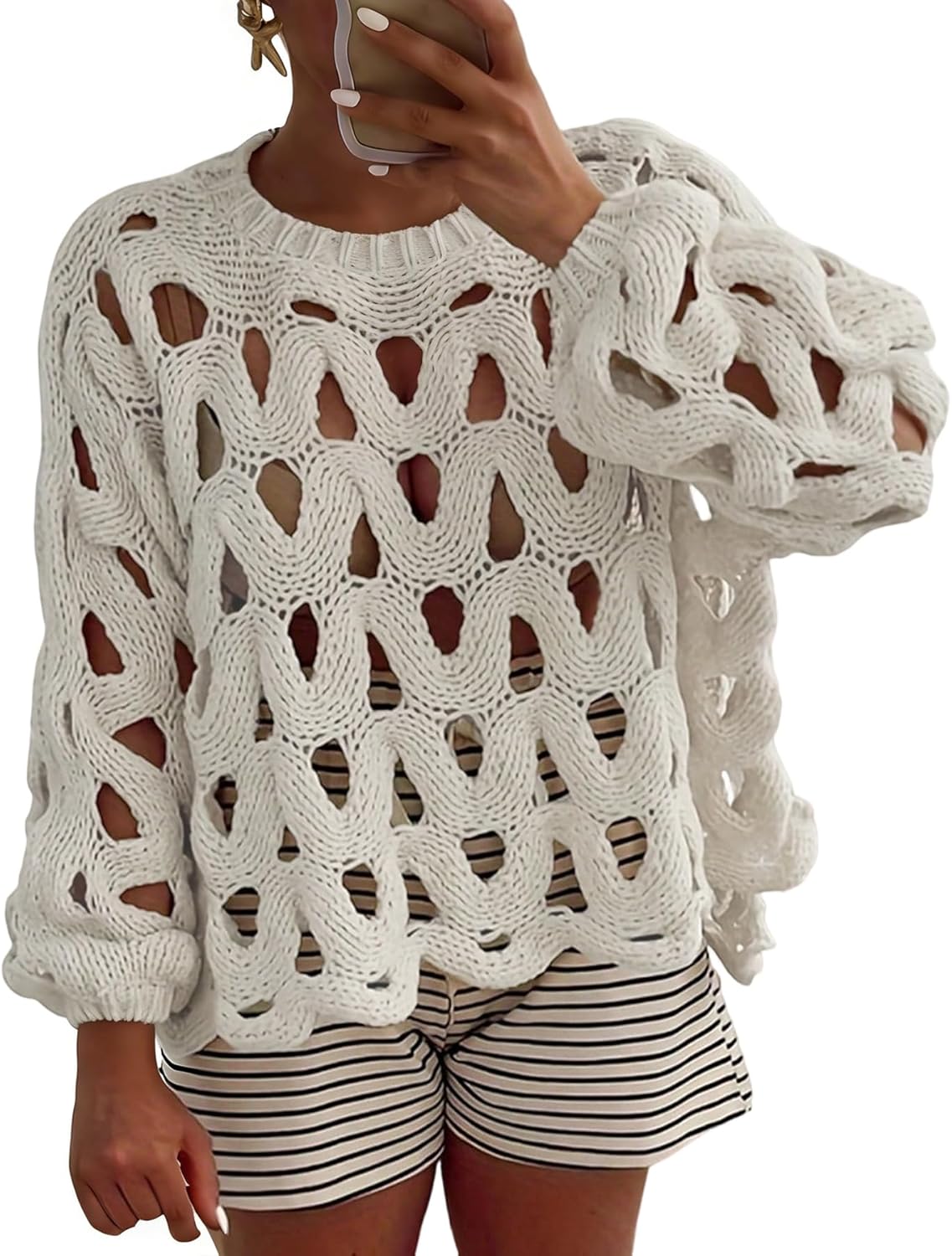 LETSVDO Women's Crochet Hollow Out Sweater Long Sleeve Crewneck Mesh Knit Pullover Tops Casual Beach Vacation Cover Ups