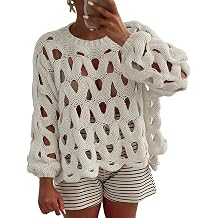 LETSVDO Women's Crochet Hollow Out Sweater Long Sleeve Crewneck Mesh Knit Pullover Tops Casual Beach Vacation Cover Ups
