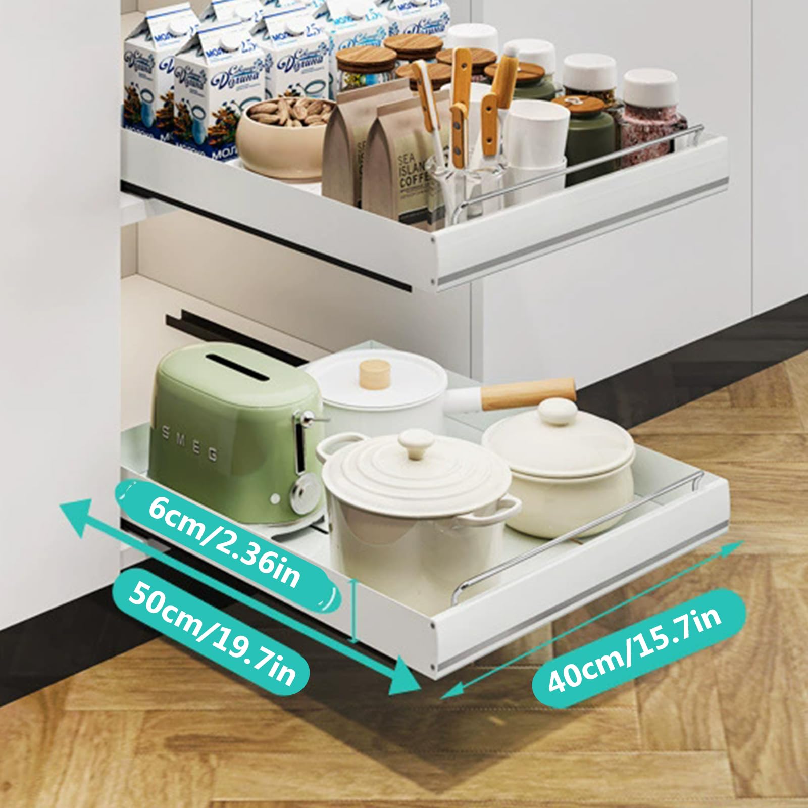 Cassetto Estraibile Cucina Acciaio Inossidabile, Cassetti Estraibili per Cucina, 1 unità Ripiano Estraibile Senza Foratura, Cassetto della Cucina Senza Foratura Chiodatura,15.7" w*19.7" dx2.36 h