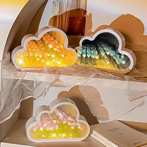 Miniatura 5 de Espejo de luz nocturna de tulipán, lámpara de escritorio de nube de tulipanes LED hecha a mano, lámpara de mesa de tulipanes para decoración de