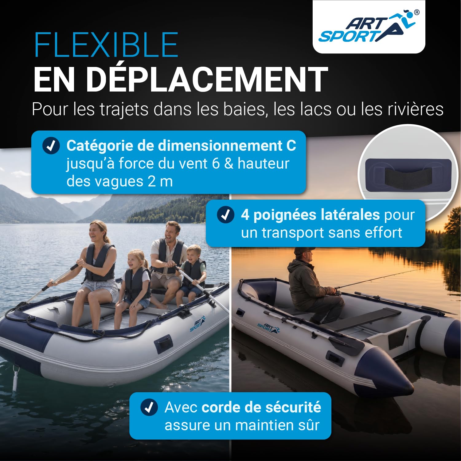 ArtSport Bateau pneumatique 3,20 m pour 4 Personnes avec 2 bancs et Plancher en Aluminium – Bateau à rames avec pagaie, Pompe à air, Sac et kit de réparation – Bateau de pêche Gonflable