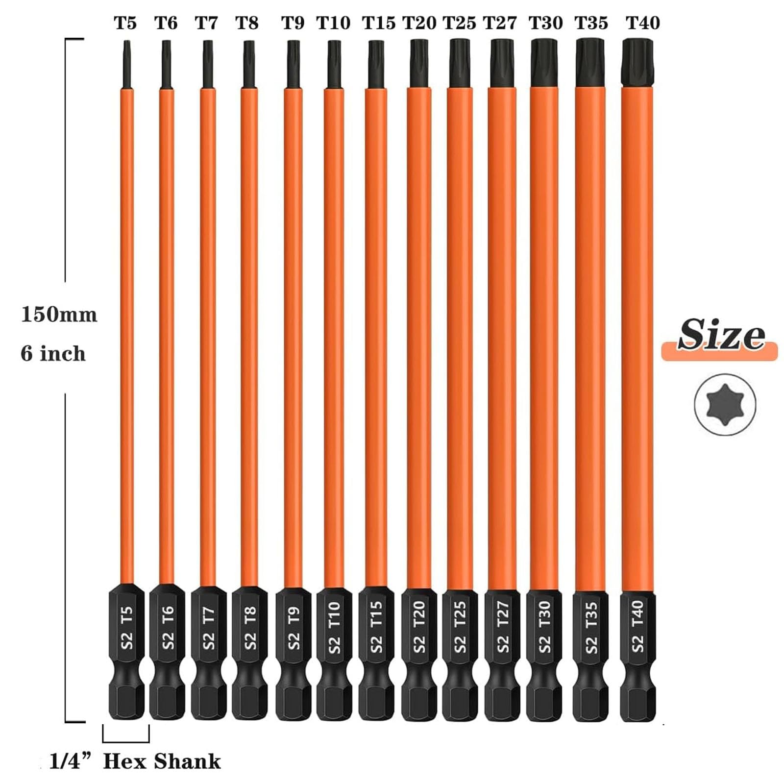 Oiieco 13 Pcs Long Torx Bit Set for Impact Driver Hex-Shank Torx Screwdriver Bit Magnetic Impact, S2 Steel Star Bit Set (T5-T40) 150 mm - Image 3