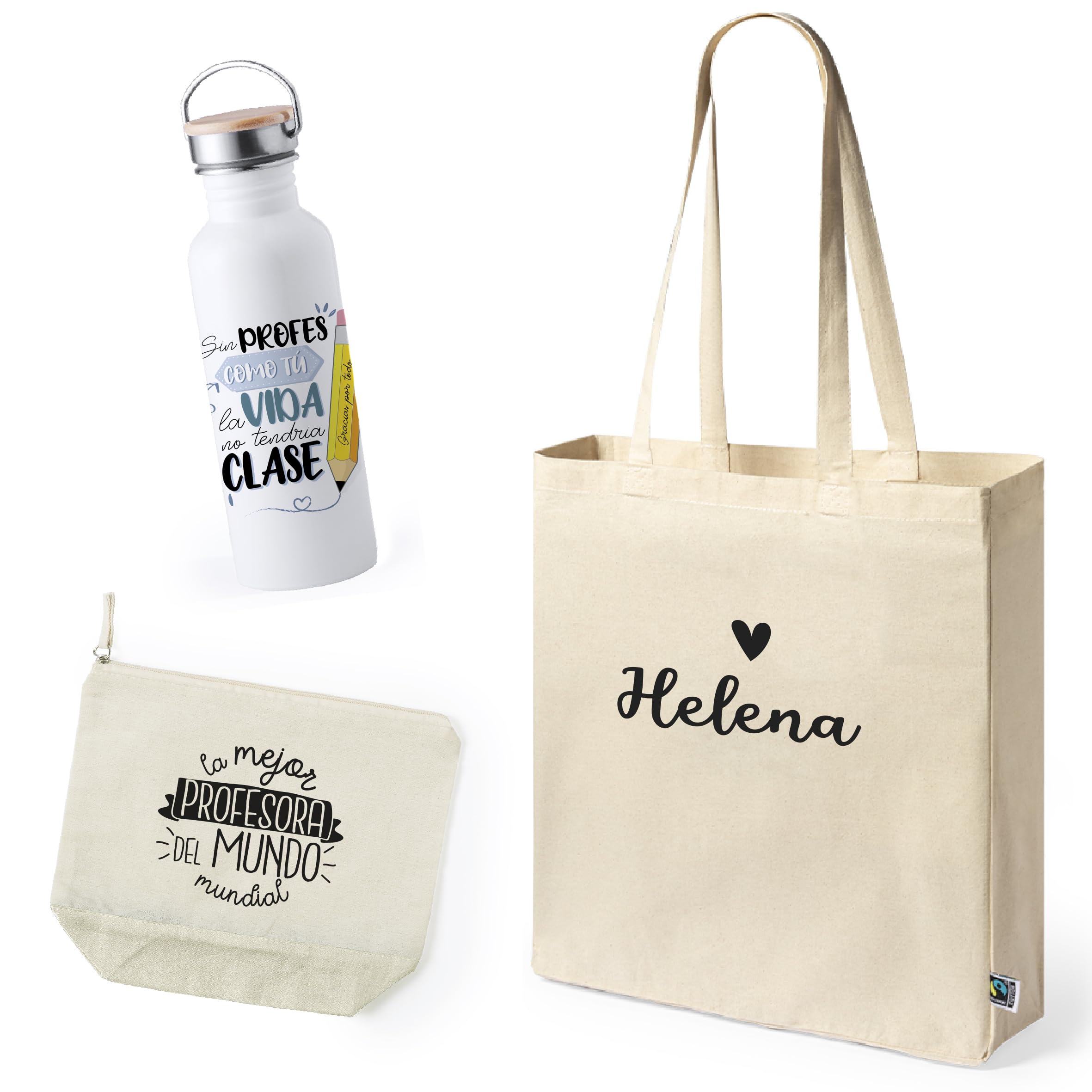 PACK REGALO PARA PROFESORA Botella De Agua Acero inoxidable, Bolsa de Algodón PERSONALIZADA y Neceser de Algodón Multiusos- Frase Motivadora - Agradecimiento Fin de curso Maestra