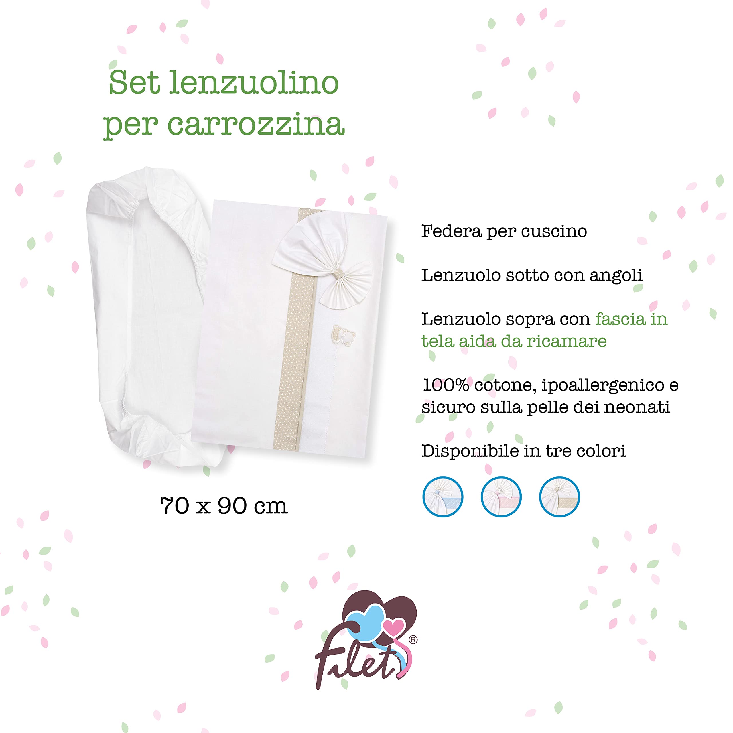 Filet - Set Lenzuolino per Carrozzina Bianco e Tortora, Composto da 1 Lenzuolo sotto con Angoli, 1 Lenzuolo Sopra con Fascia in Tela Aida da Ricamare e 1 Federa, 100% Cotone, Made in Italy