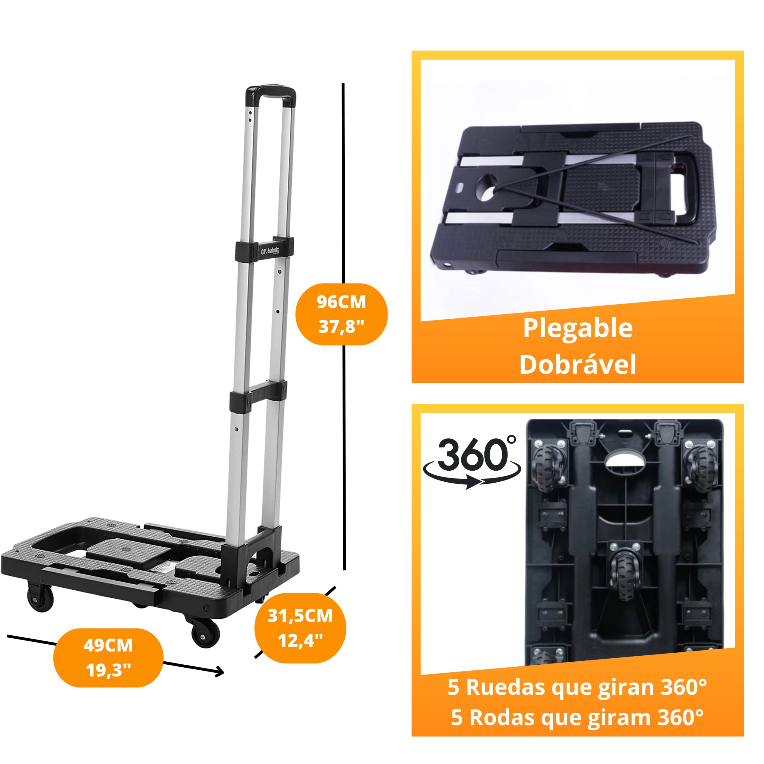 Globalmix Carrello con Piattaforma Girevole 360°, 100 kg / 200 libbre, 5 Ruote, Nero, Pieghevole con Manico Regolabile, ABS, Alluminio, Gomma