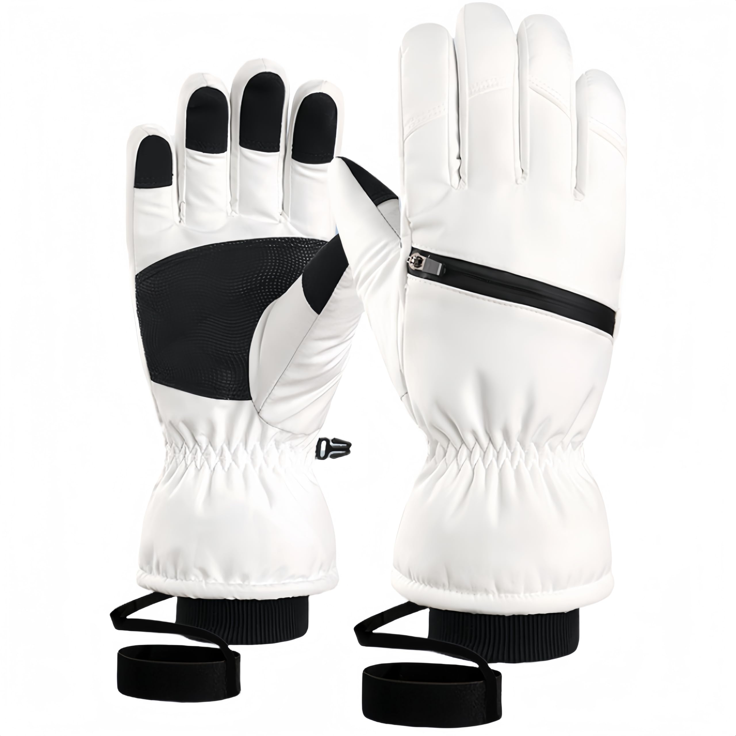 sonecesiya Ski Gloves Winter Warm Waterproof Windproof Snowboarding Gloves with Pocket and Leash, Touchscreen Anti Slip Wear-Resistant Thermal Gloves for Men Women Hiking Camping Skiing, White XS