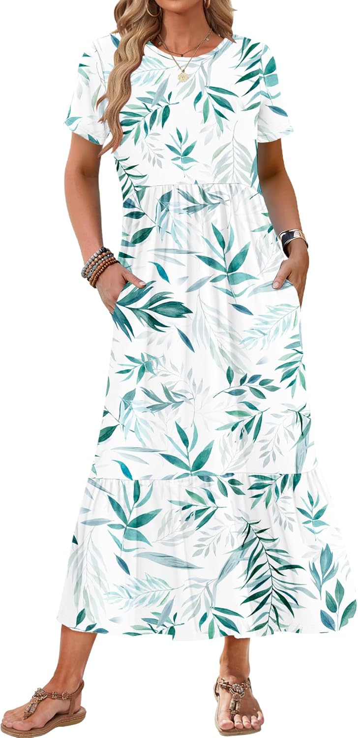 AUSELILY Womens Summer Dresses 2025 Short Sleeve Maxi Dress Crewneck Casual Sundresses with Pockets