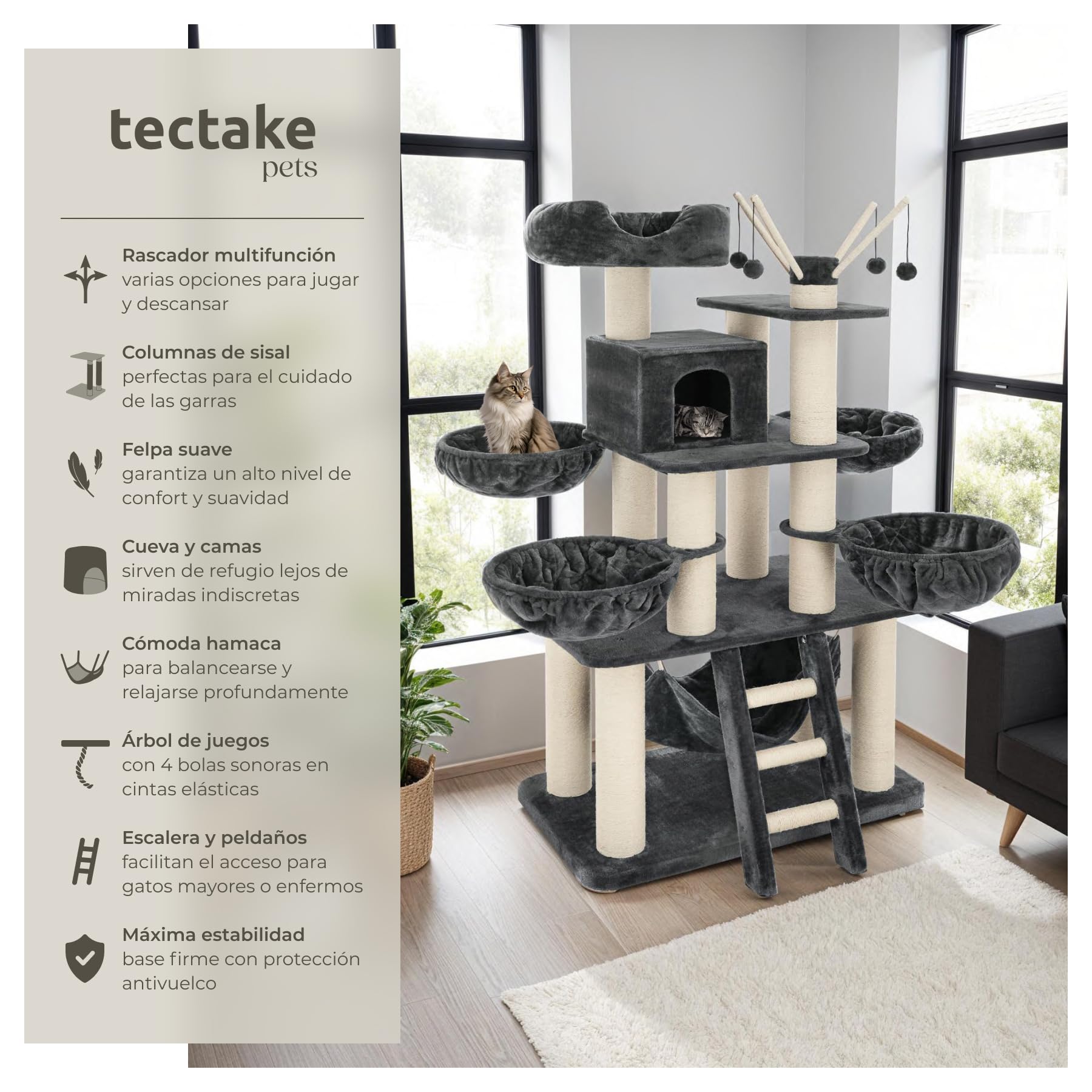 tectake 800740 Rascador para Gatos, Árbol Rascador, Columnas de Sisal, Caseta Plataforma 4 Nidos Hamaca, 130x79x195 cm (Gris/Blanco | No. 403327)