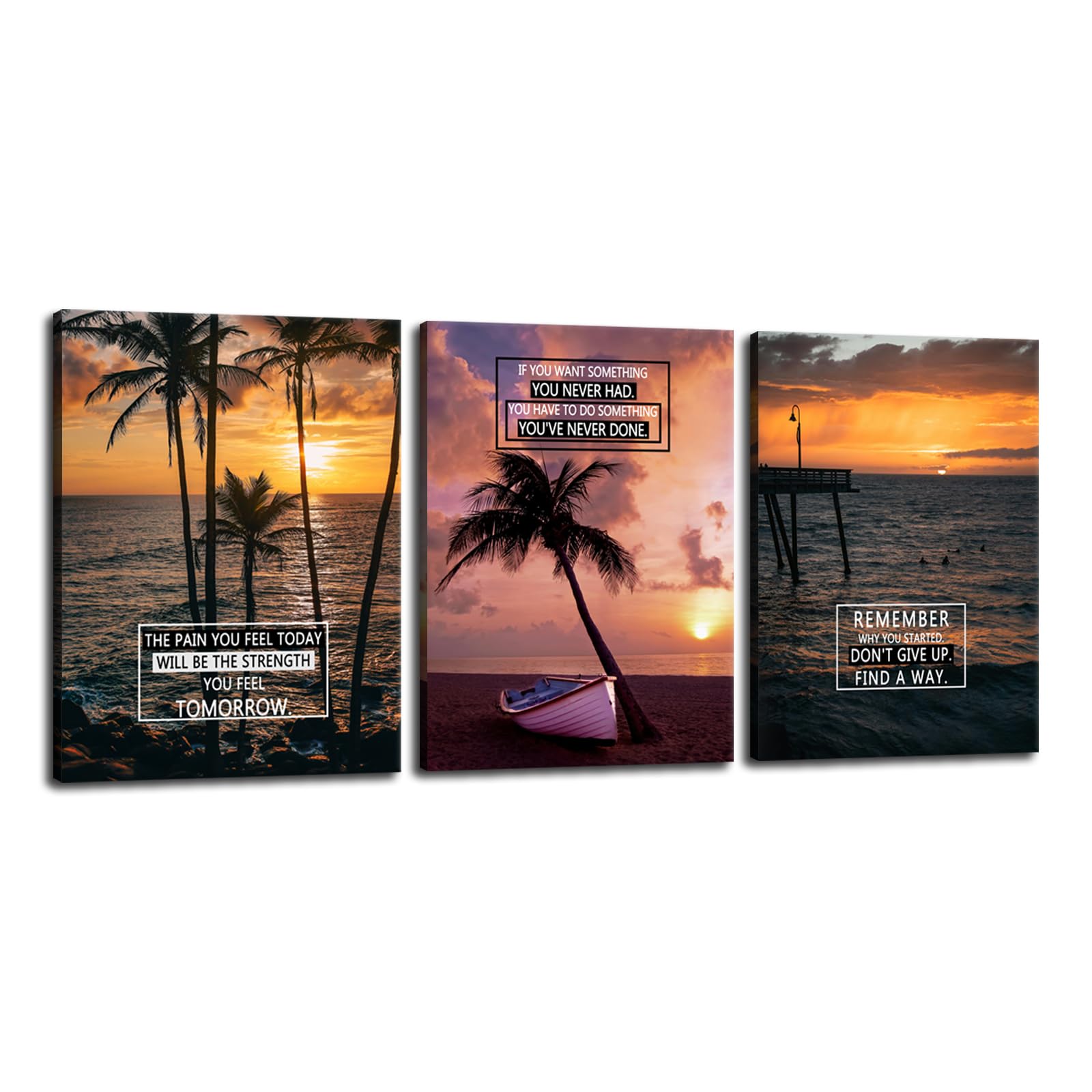 FHBWART Motivational Wall Art Beach Style Home Wall Decor 3 Piece Canvas Prints The Pain You Feel Today Remember Why You Started Posters Inspirational Wall for Office Bathroom Framed(12"x16"x3pcs)