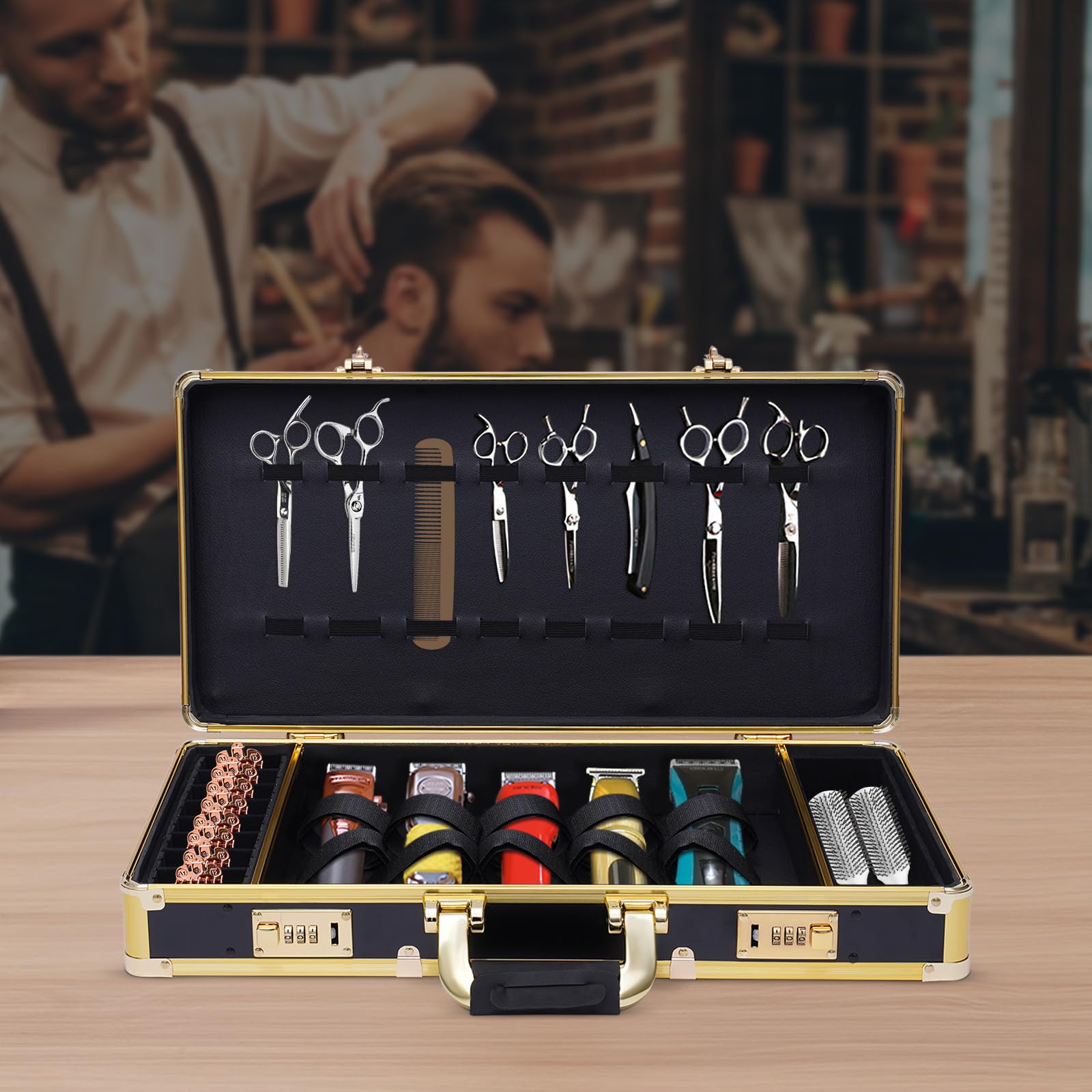 SuiYuLn Hairdressing Toolbox,Profesional Barbers Briefcase Tool Case with Code Lock,Hair Kit Tool Box Organizer,Large-capacity Mobile Barber Stations (Black, Golden)