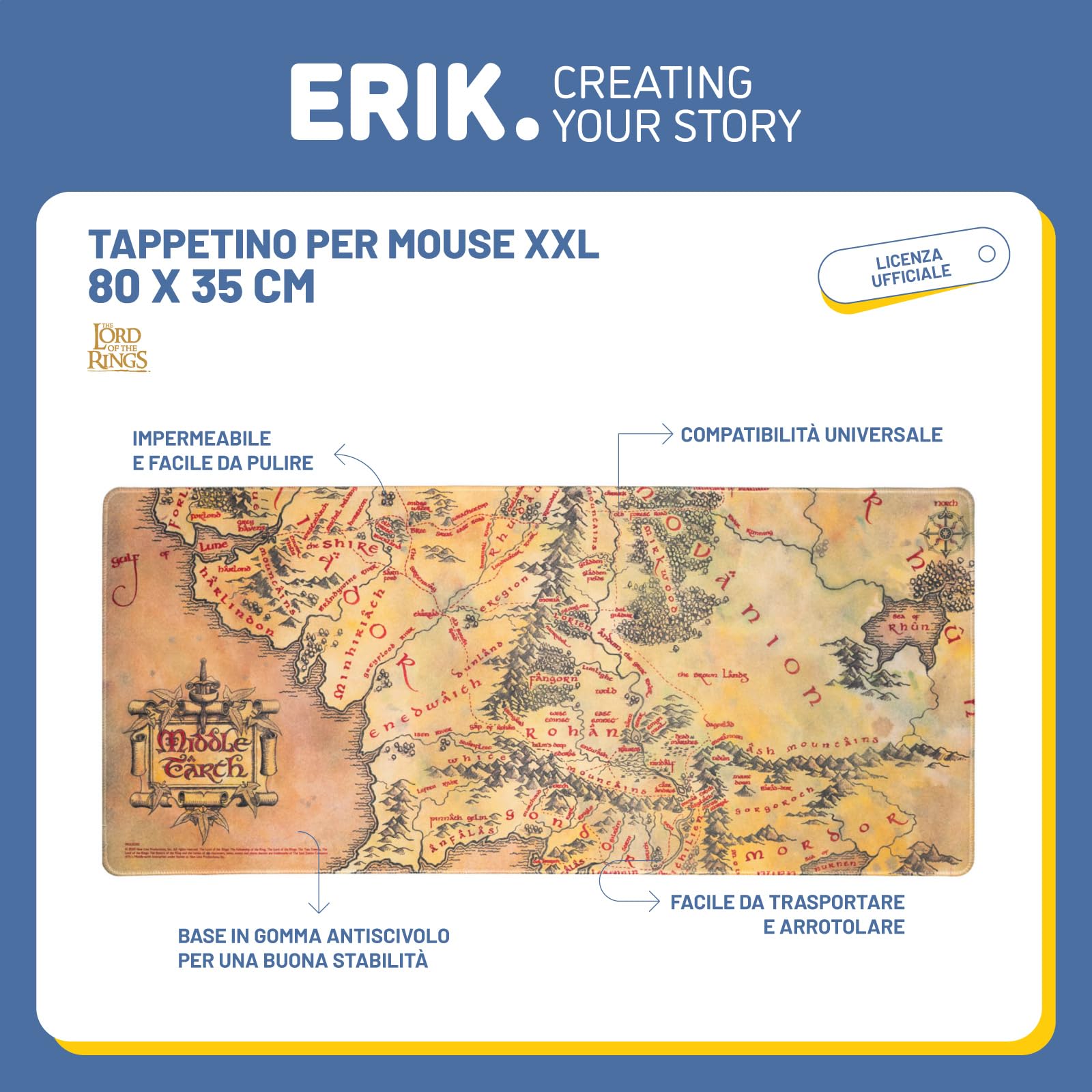 Grupo Erik Tappetino Mouse XXL Il Segnore degli Anelli Gadget Antiscivolo 80x35 cm