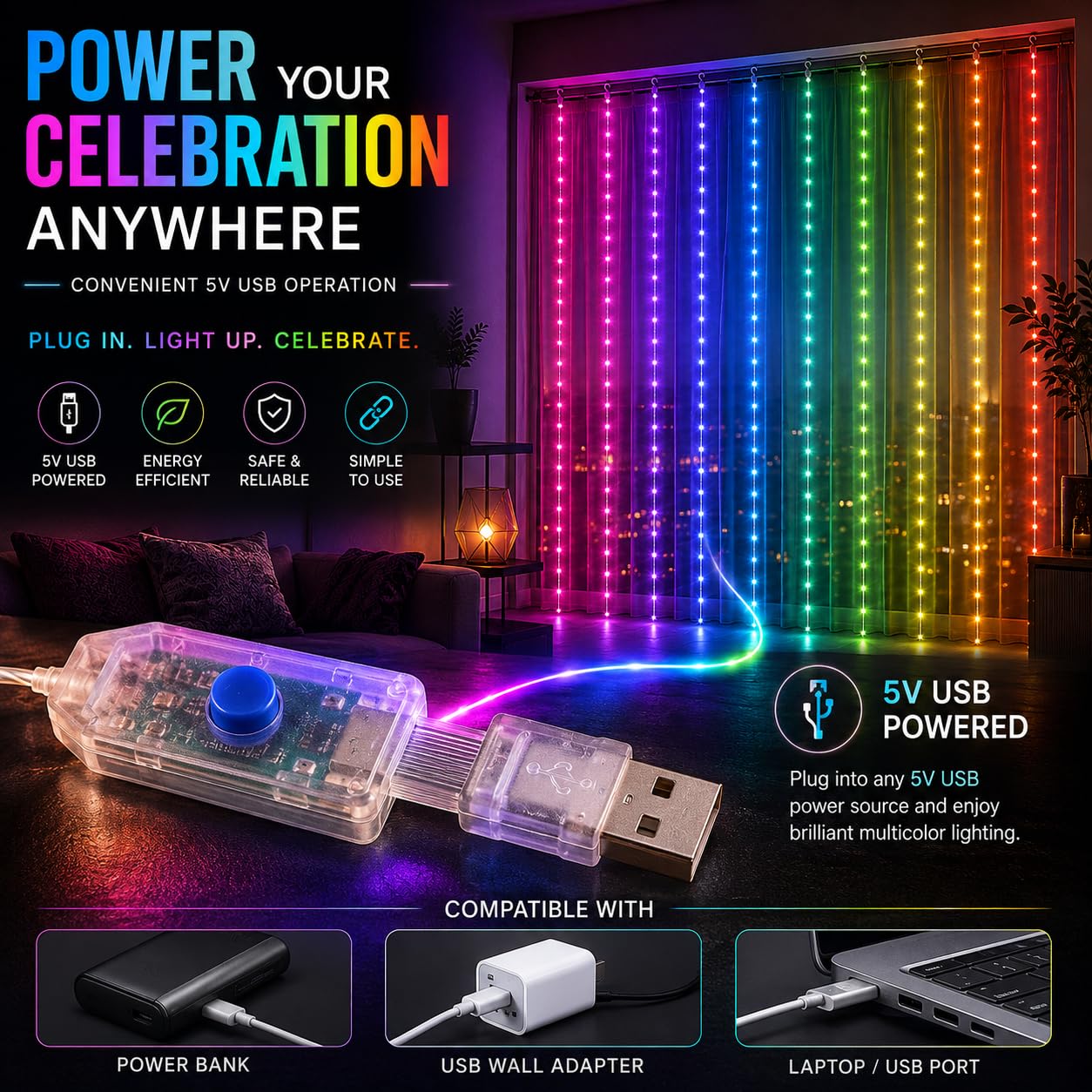 Gesto LED Curtain Lights - Multicolor Fairy Lights with Remote -7