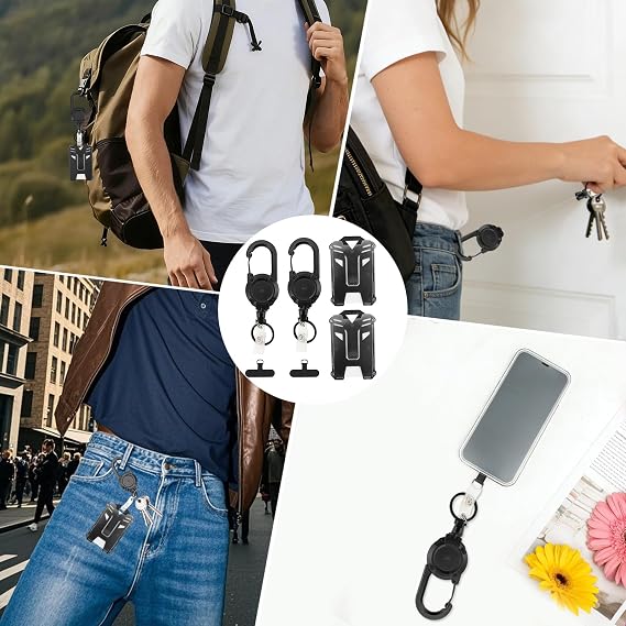 2-Pack Retractable Keychain Set - Black Retractable Lanyard with Card Holder, Badge Holder, Extendable Keyring with Clip, ID Card Holder for Phone Attachment