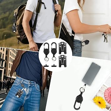 2-Pack Retractable Keychain Set - Black Retractable Lanyard with Card Holder, Badge Holder, Extendable Keyring with Clip, ID Card Holder for Phone Attachment