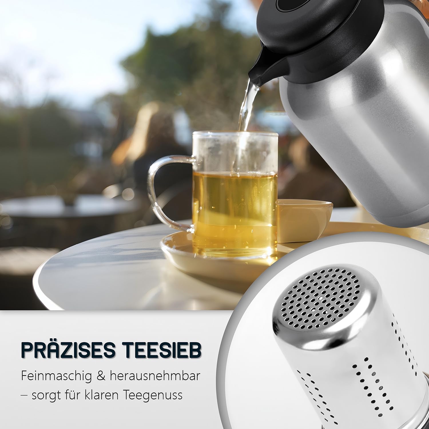 VETIN Thermoskanne mit Teesieb 1,5L aus 304 Edelstahl, Kaffeekanne Thermo | Auslaufsicher, 10 h Heiß & 16 h Kalt, mit Temperaturanzeige, für Tee, Kaffee und Kalte Getränke (Kunststoffgriff)