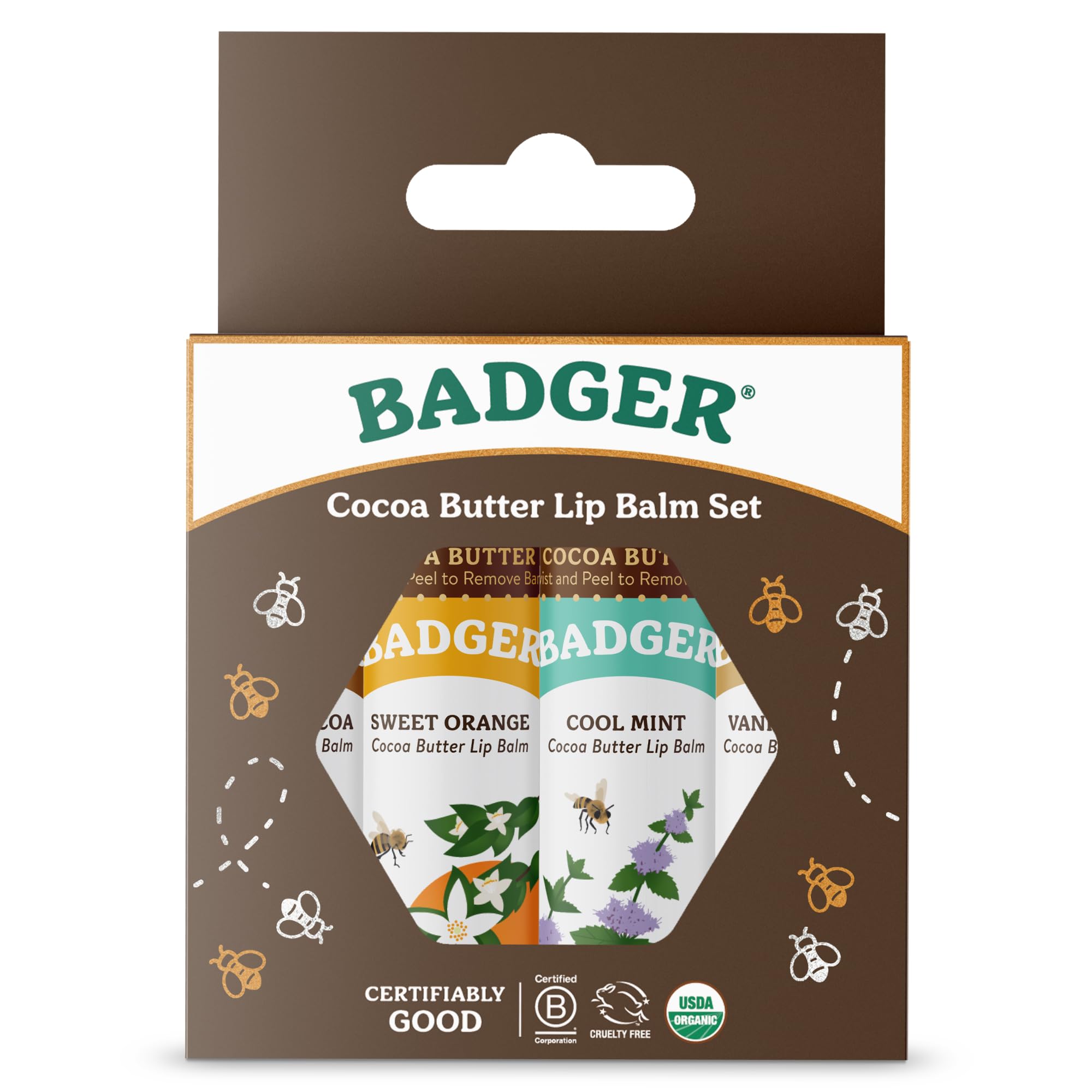 Badger Cocoa Butter Lip Balm Set, 100% Organic, Long Lasting Lip Moisturizers, Lip Care Variety Pack (Cocoa, Orange, Mint & Vanilla), All Natural Lip Balms, 4-pack