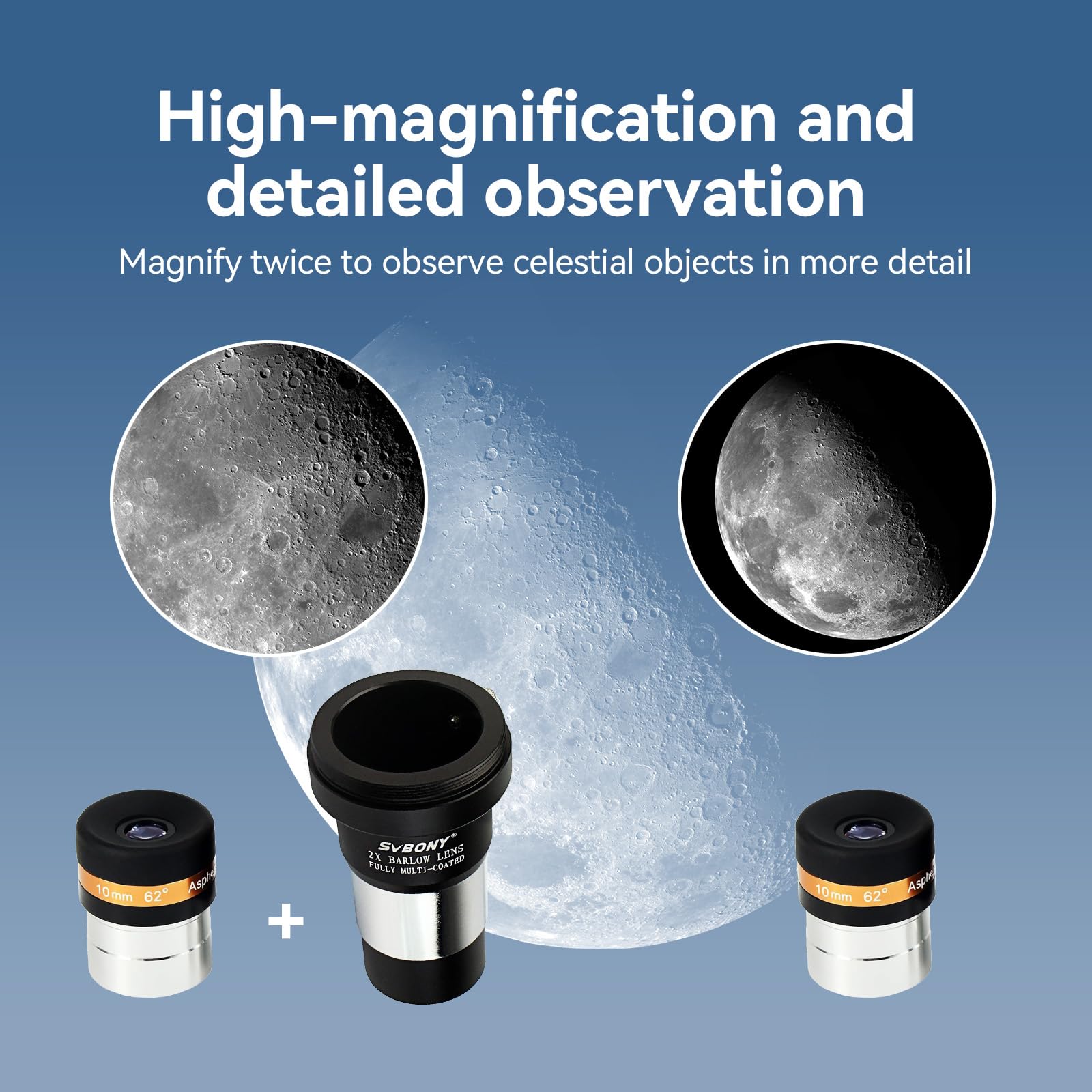 Svbony Oculare Set con Barlow Lente 2x, 4mm 10mm 23mm 62 gradi Grandangolo Planetario Oculare Kit e Barlow in metallo, 1,25 pollici Lente FMC per Osservazioni di Galassie Planetarie Lunari