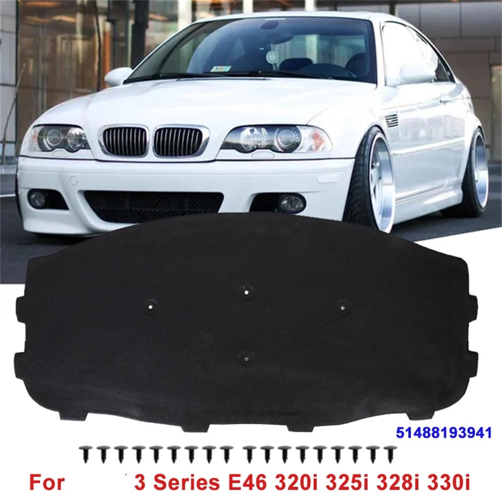 JIMYRA Cuscinetto isolante per cofano motore anteriore con fibbie, per BMW, Serie 3 E46 320i 325i 328i 330i 51488193941 tappetino fonoassorbente
