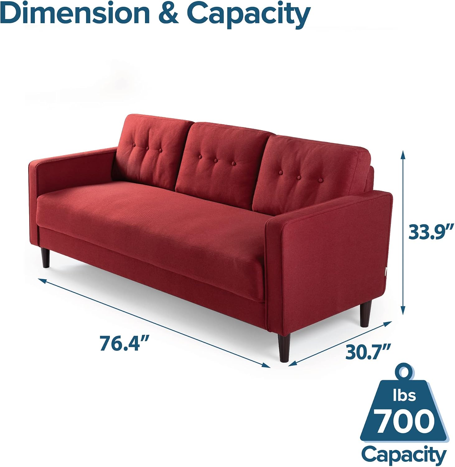 ZINUS Mikhail Sofa Couch / Ruby Red / Button Tufted Cushions / Easy, Tool-Free Assembly
