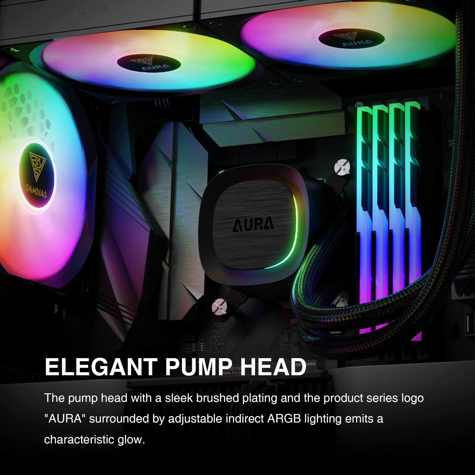 GAMDIAS Dissipatore Liquido 240mm, Design Nascosto dei Cavi, Ventola ARGB PWM con 30 Effetti Luminosi, MB Sync, per Intel 1700/1200& AMD AM5/AM4, Nero