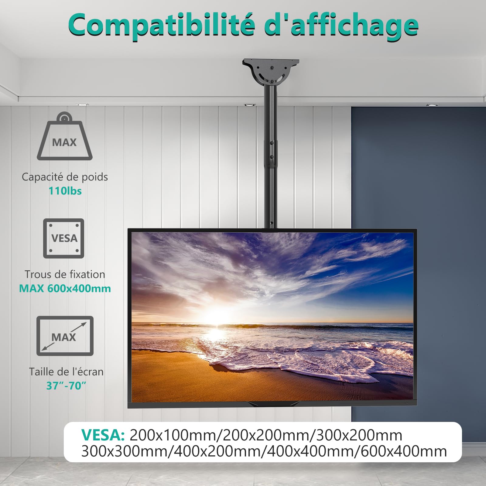 WALI Support TV Plafond Réglable en Hauteur, Support TV pour LED, LCD, OLED 4K de 37 à 70 Pouces, Support Plafond pour TV à Mouvement Complet, Charge jusqu'à 50 kg, Max 600 x 400 mm (CM3770), Noir
