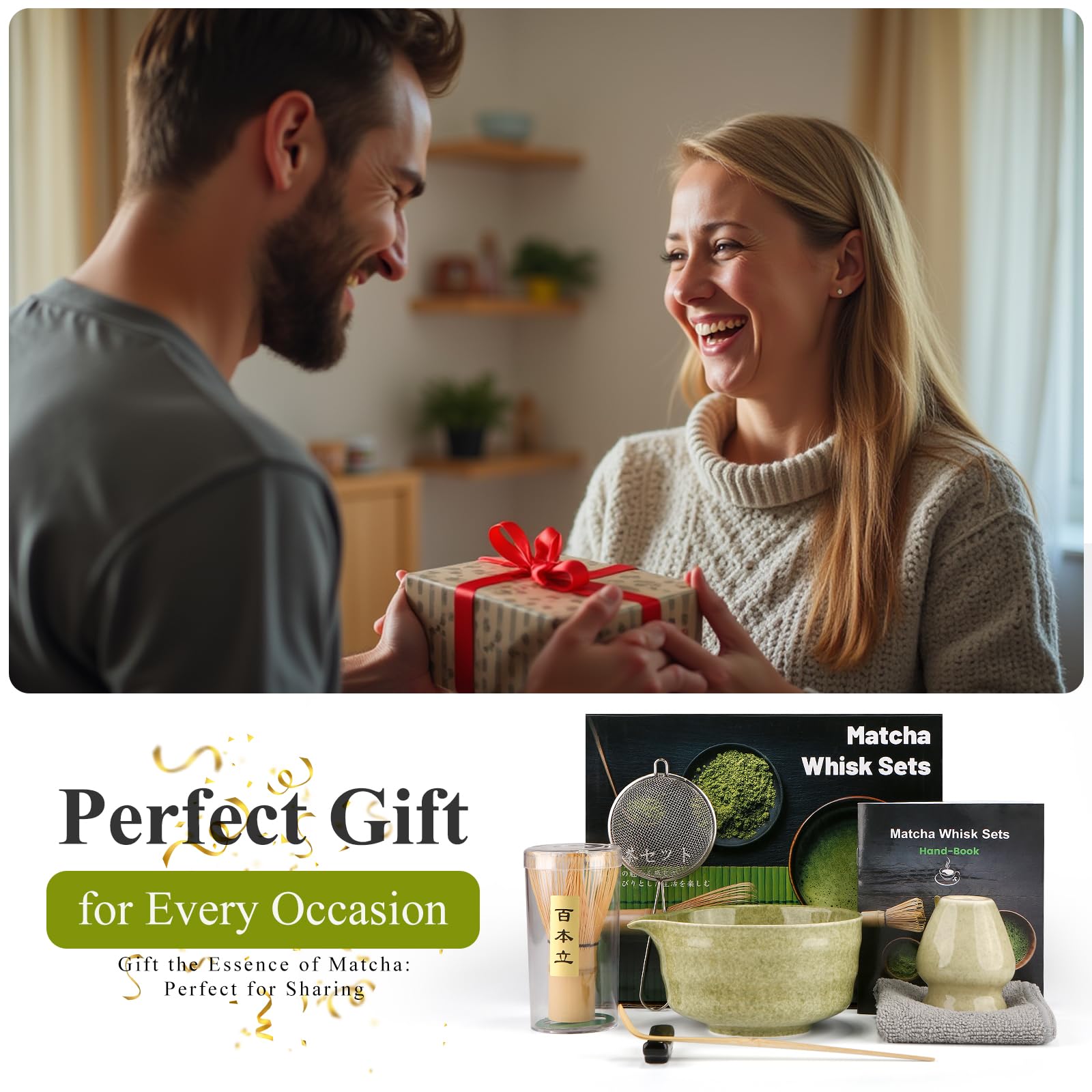 Matcha Set, 7 Teiliges Premium MatchaTea Sets mit Matcha Schale, Bambusbesen und Matcha-Löffel Filterlöffel, Matcha-Besenständer, Japanische Matcha-Tee-Set, Grün gesprenkelt