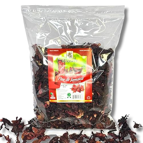 Nicomex - Jamaica - Flor de hibisco. Bolsa de 14 onzas de flores secas de hibisco, para té caliente y helado o agua dulce. Flores enteras y pétalos.