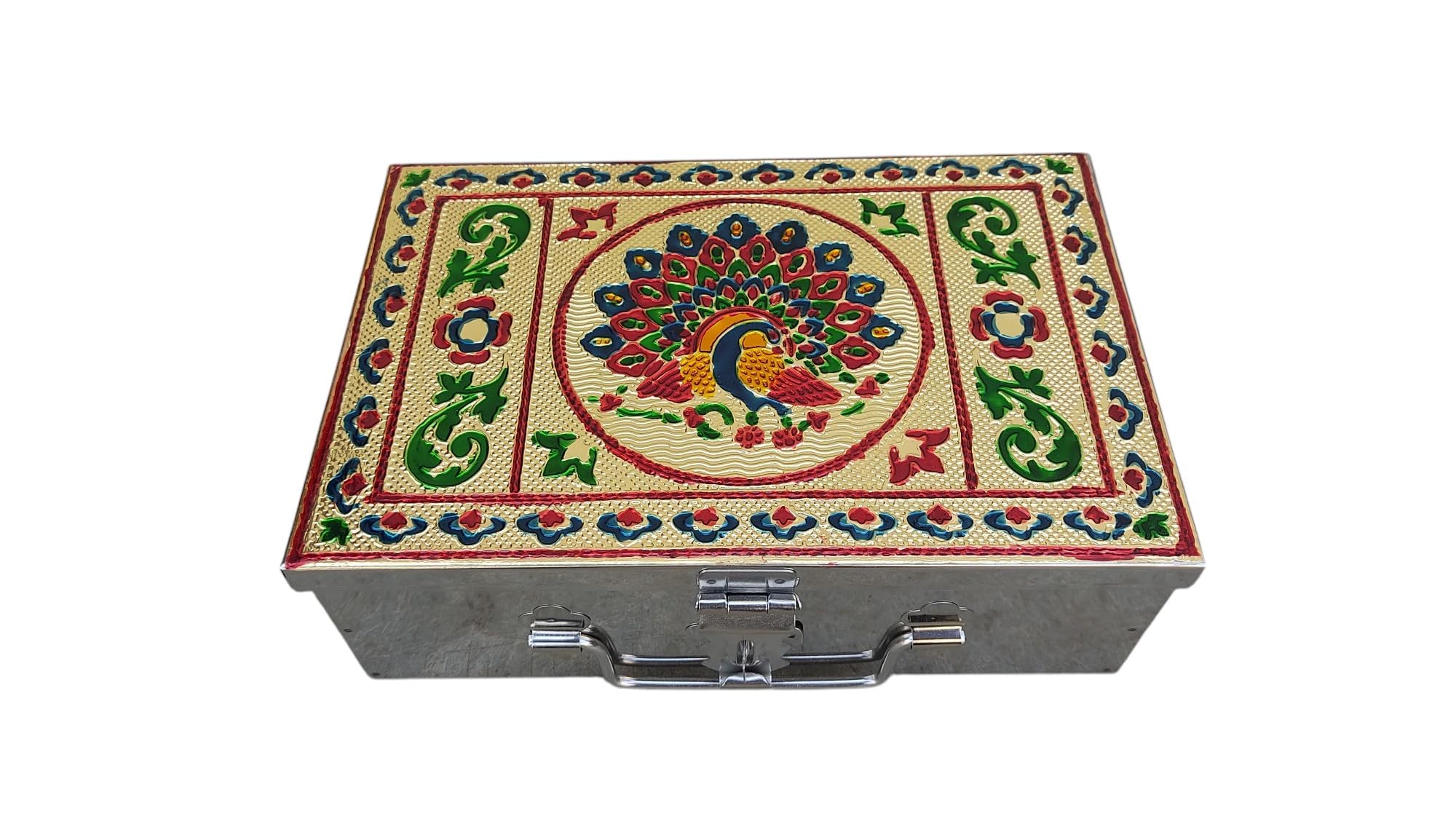 Stainless Steel Storage Box, Cash Box, Pooja Peti, Organizer, Vanity Storage Box, Jewellery Safe Bank Locker, Cash Box With Handicrafts Digital Meena Kari Design (Red, 9 Inch)-image-6