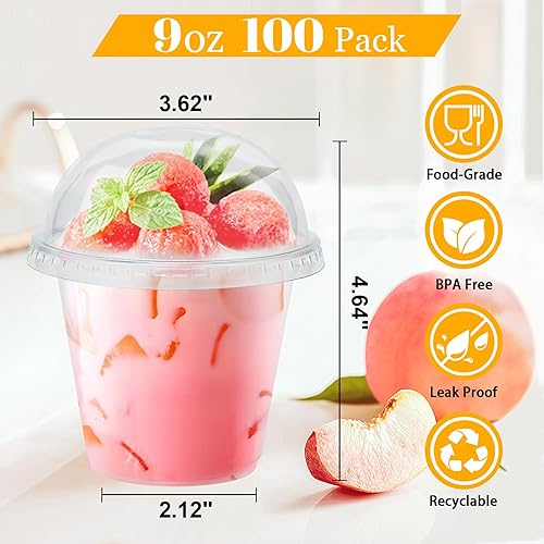 Miniatura 2 de Paquete de 100 vasos de plástico transparente de 9 onzas con tapas de cúpula, taza de postre desechable, taza de frutas, vasos transparentes de PET