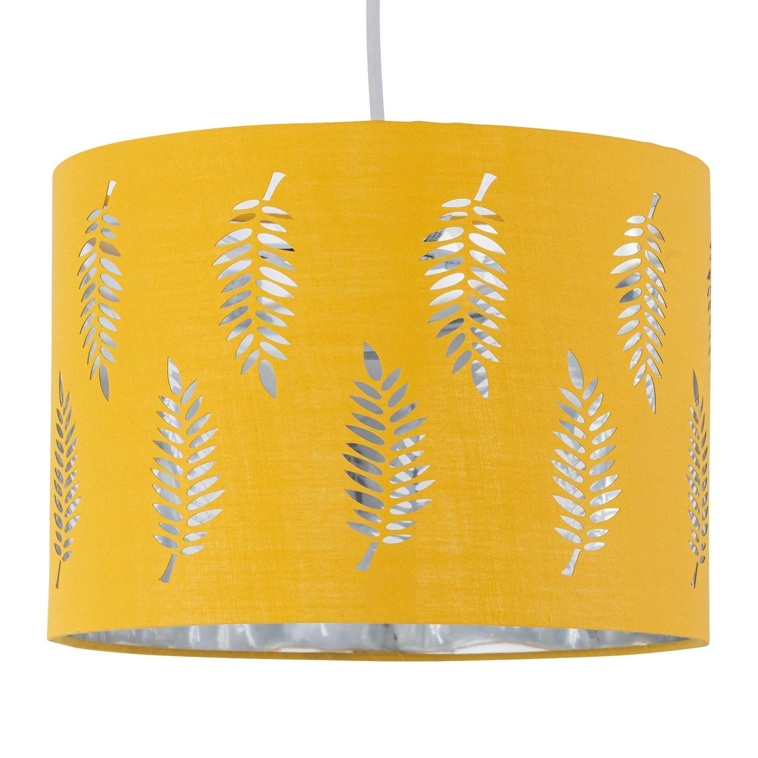 Firstchoicelighting Ochre Yellow Pendant Shade, Easy Fit Ceiling Lightshade, Fern Leaf Cut Out Design, Diameter 25Cm
