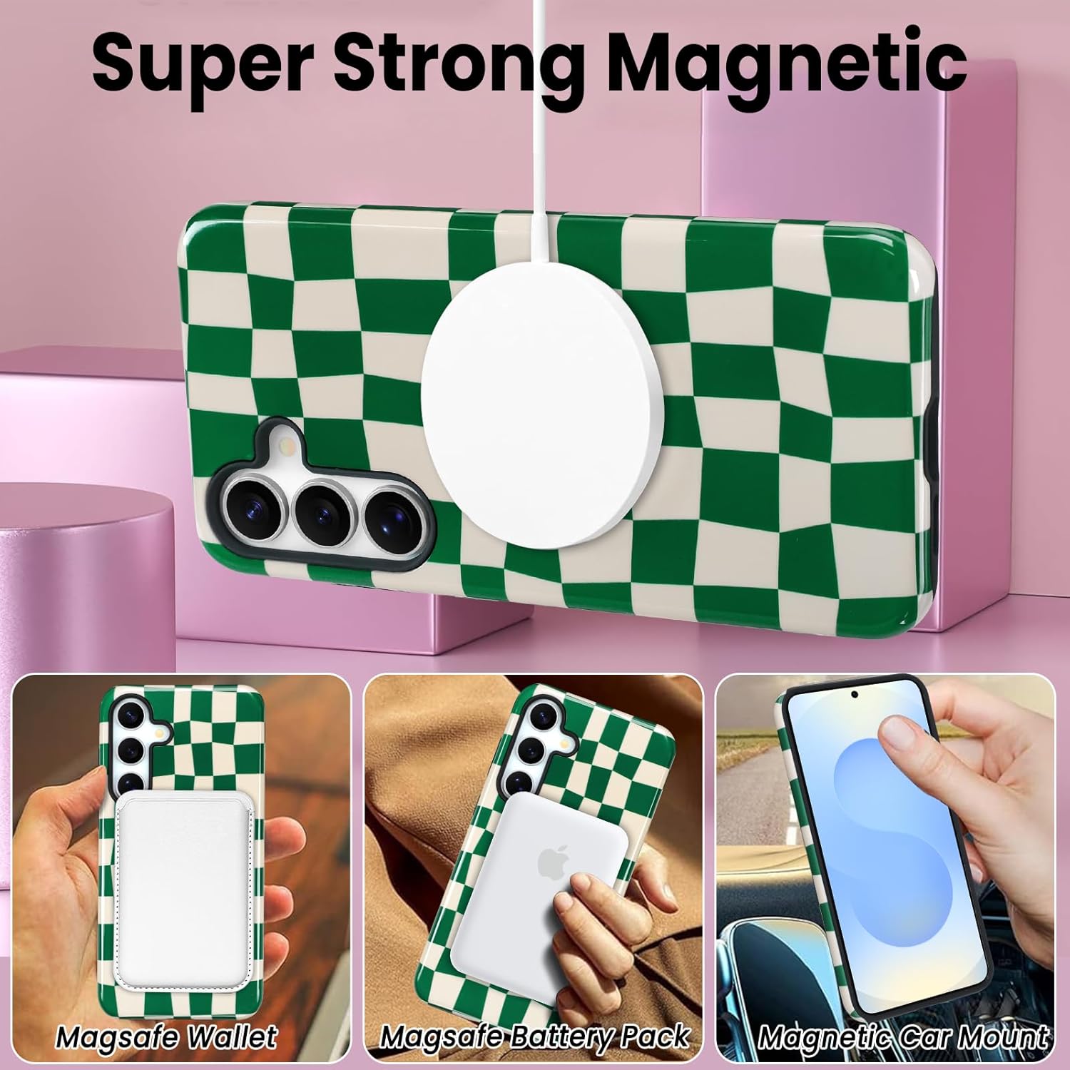 SOKAD Magnetic Checkered Phone Case for Samsung Galaxy S25, Cute Plaid Checkerboard Pattern Compatible with Magsafe Glossy Protective Case Cover with Screen Protector for Girls Women, Green - Image 4