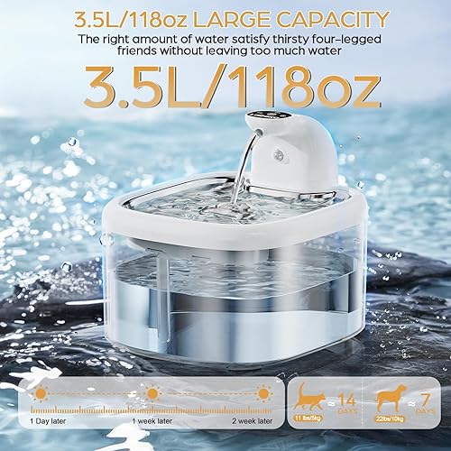 Miniatura 3 de Fuente de agua inalámbrica para gatos, 118 onzas3.5 L, fuente para gatos con bandeja de acero inoxidable, ultra silenciosa con sensor de movimiento,