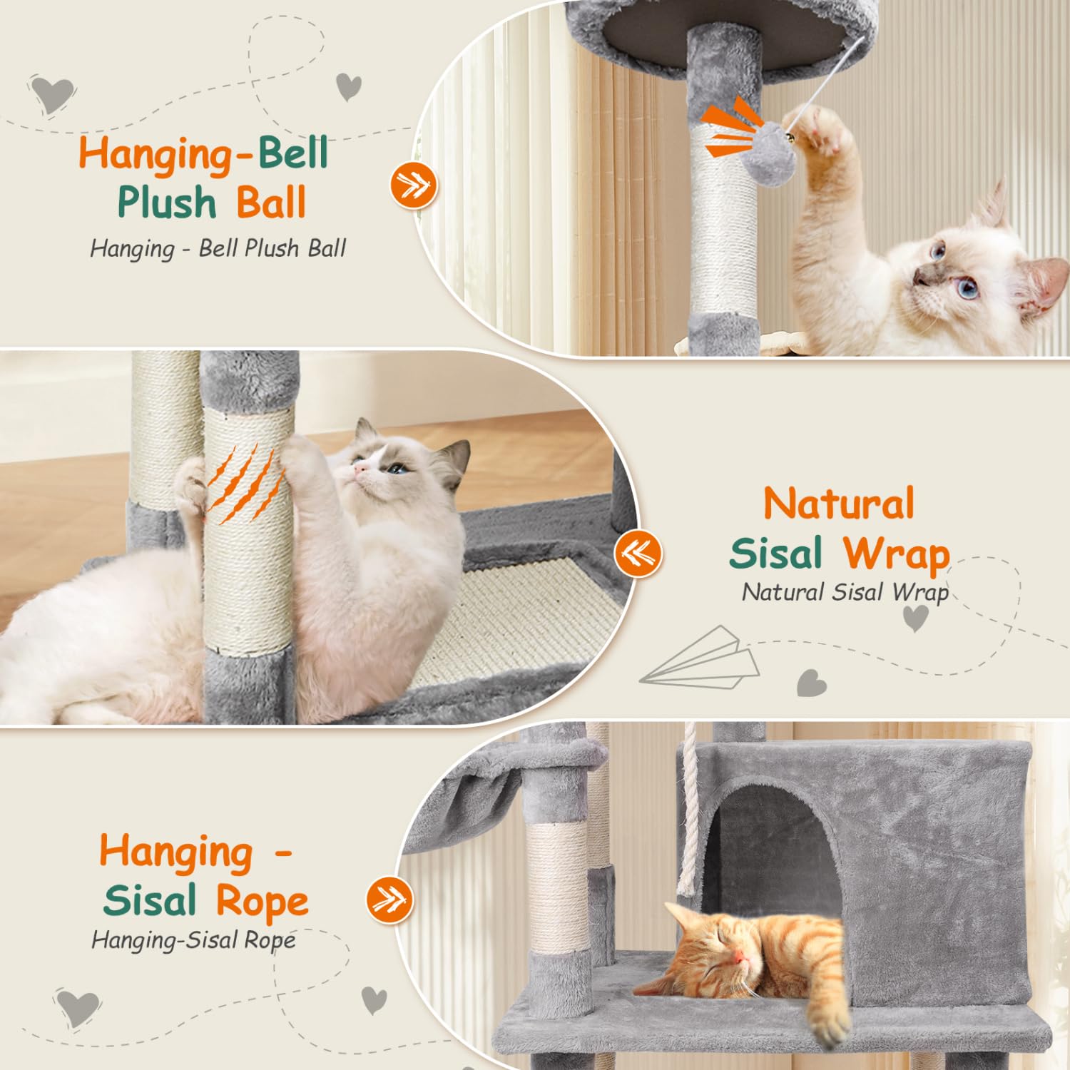 Nobleza Albero per Gatti 148 cm, Tiragraffi con Amaca, 9 Pali Sisal, 2 Piattaforme, Pompon e Cuscino, Gioco per Gatti Adulti, Grigio