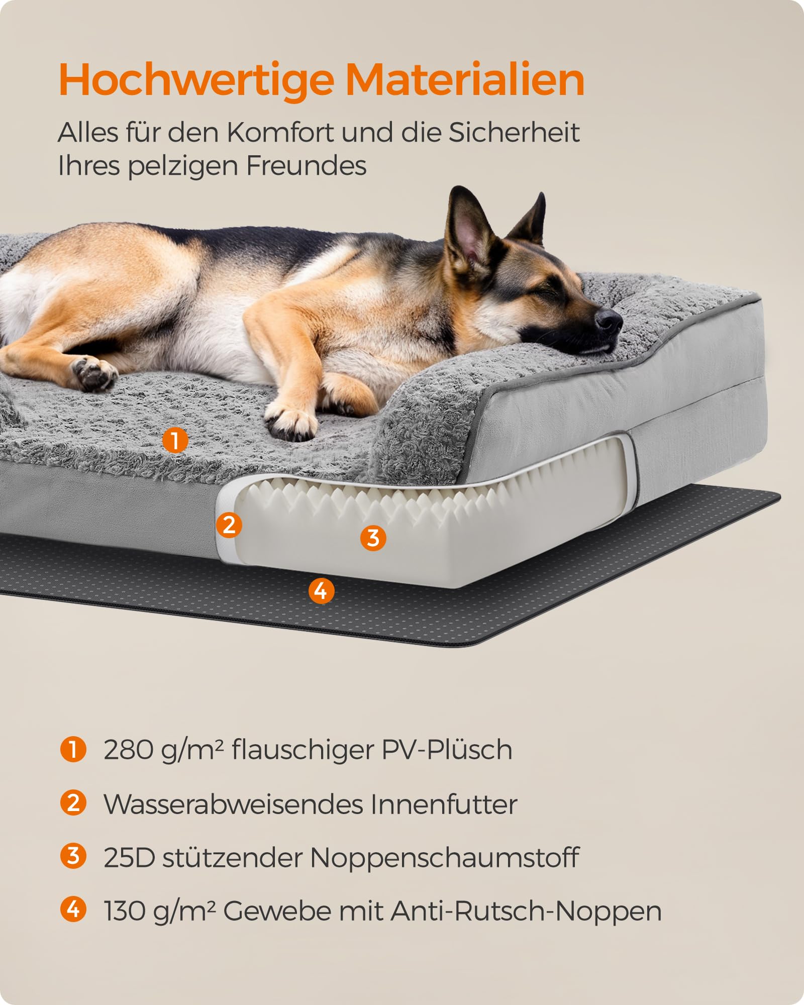 Feandrea Orthopädisches Hundebett für große Hunde, wasserdichtes Hundesofa mit abnehmbarem Plüsch-Bezug, 122 x 85 x 16 cm, Taubengrau PGW254G01