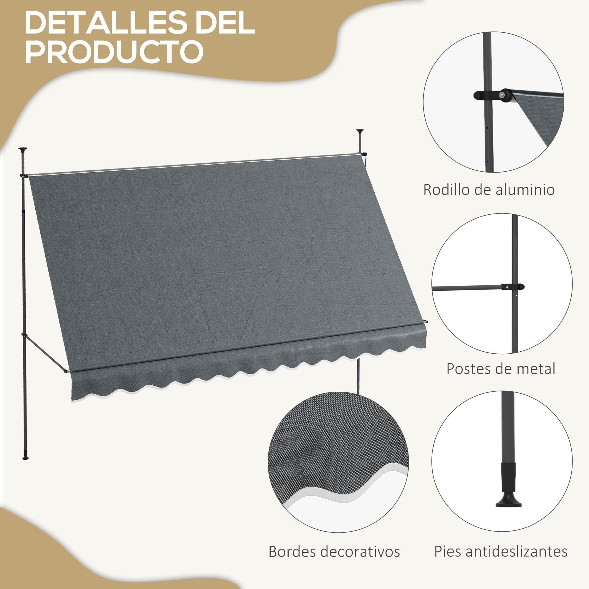 Outsunny Toldo Manual Retráctil 3,5x1,2 m Toldo Exterior Terraza Enrollable Altura Ajustable con Manivela 210-300 cm Sin Taladro Protección UV30+ para Balcón Jardín Gris Oscuro
