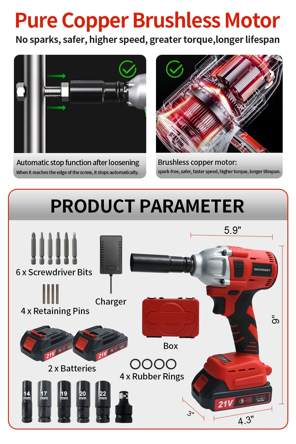 Cordless Impact Wrench 1/2" - 258 Ft-lb Torque, 2 Batteries, 6 Sockets, Electric Impact Gun For Tires & DIY