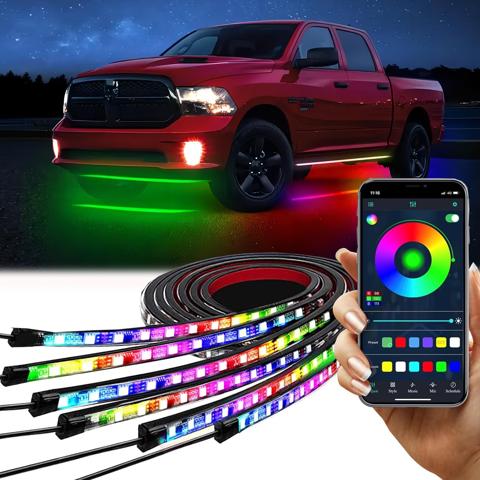 DREAMIZER Kit Luci Sottoluce per Auto - 6 Pezzi, Multicolore RGB, Sincronizzazione Musicale, APP e Telecomando, Impermeabile, LED per Camion SUV