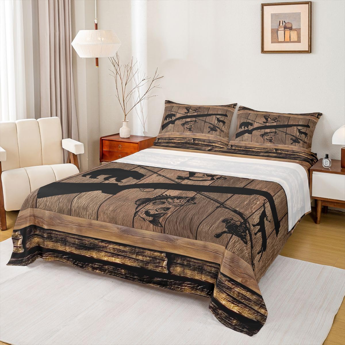Homewish Wędka myśliwska zestaw pościeli podwójna ryba kaczka jeleń niedźwiedź rustykalne prześcieradła jezioro kabina zestaw prześcieradeł - Vintage Camo Country dopasowane górne prześcieradła 4