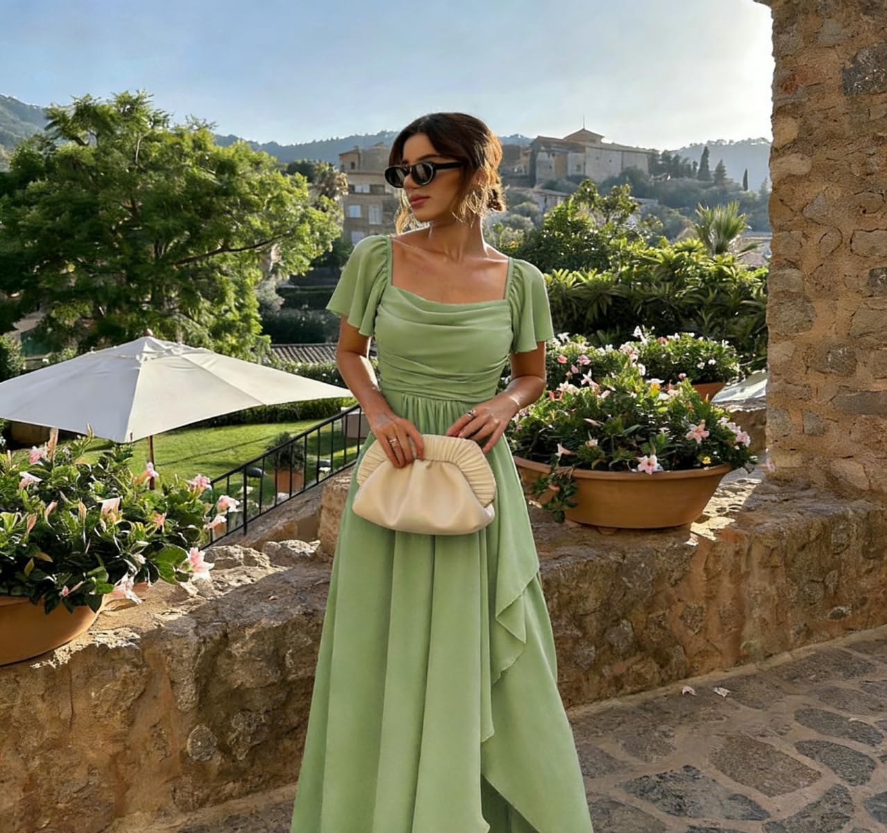 Damen Kurzarm Brautjungfernkleider Lang Chiffon Abendkleid Rüschen A Line Formelles Maxi Festkleid Für Hochzeitsgast