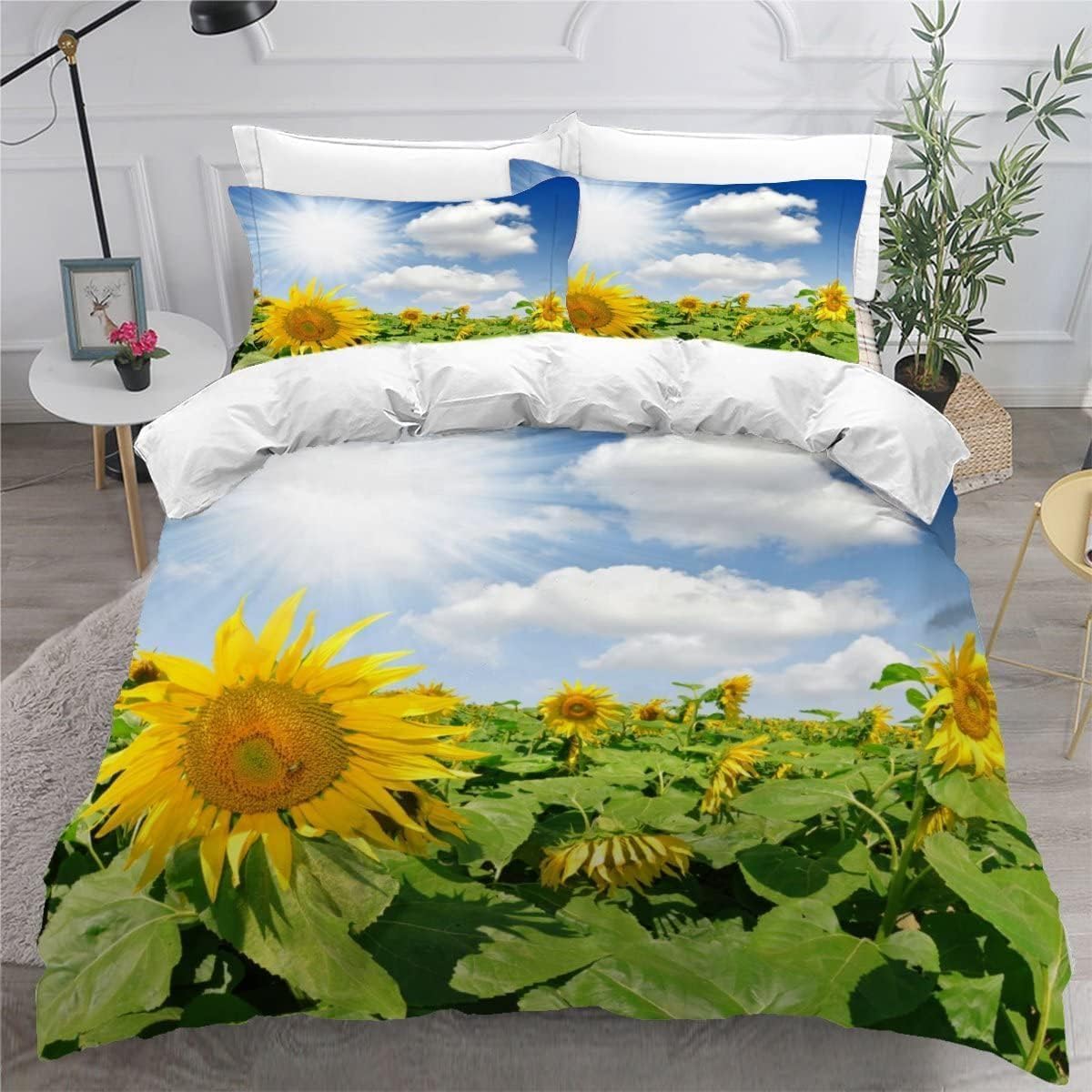 Copripiumino Matrimoniale Girasole Traspirante in Microfibra Set di Biancheria da Letto Campi Rurali con Cerniera 3D Copripiumino 240x220 e 2 Federe b.8205