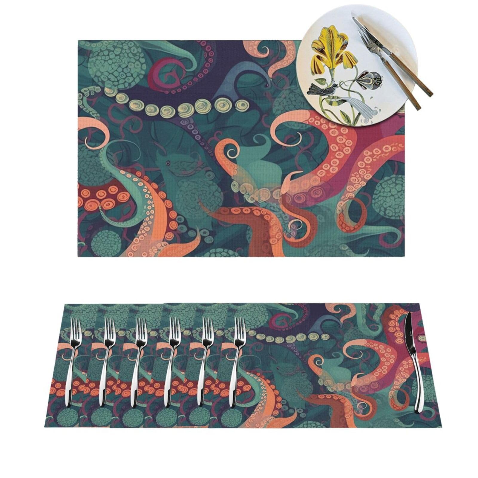 Sets de table pour salle à manger et extérieur motif pieuvre bleu