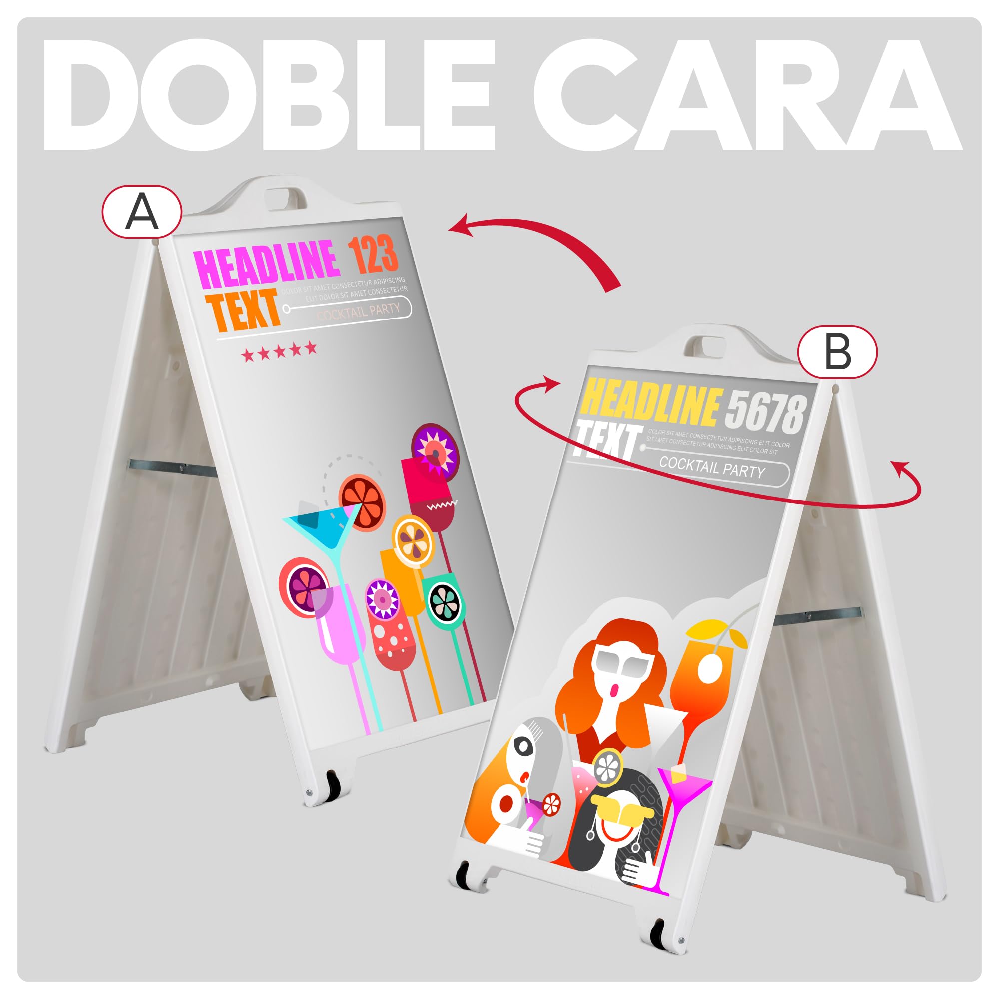 Caballete Publicitario de Acera, Soporte Plegable de Exterior con Asa y Ruedas, Expositor para Carteles y Anuncios en Hostelería y Comercios
