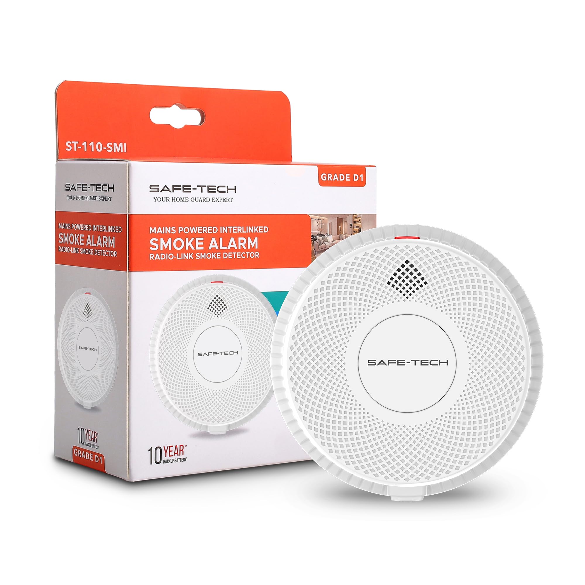 SAFE TECH Mains-powered Radio Interlink Smoke Alarm, D1 Rating Dual Interlink Hardwired Smoke Alarm With 10 Years Backup Battery, Electrician Approved Interlinked Wired Fire Alarm BS EN 14604:2005