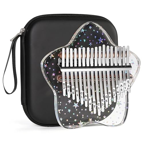 Beveetio Clear Kalimba Thumb Piano With Eva Protective Case, Transparent Crystal Kalimba 17 Key, Musical Instrument Gifts, Rainbow Star Finger Piano, Acrylic Mbira… - Transparent & Rainbow Star