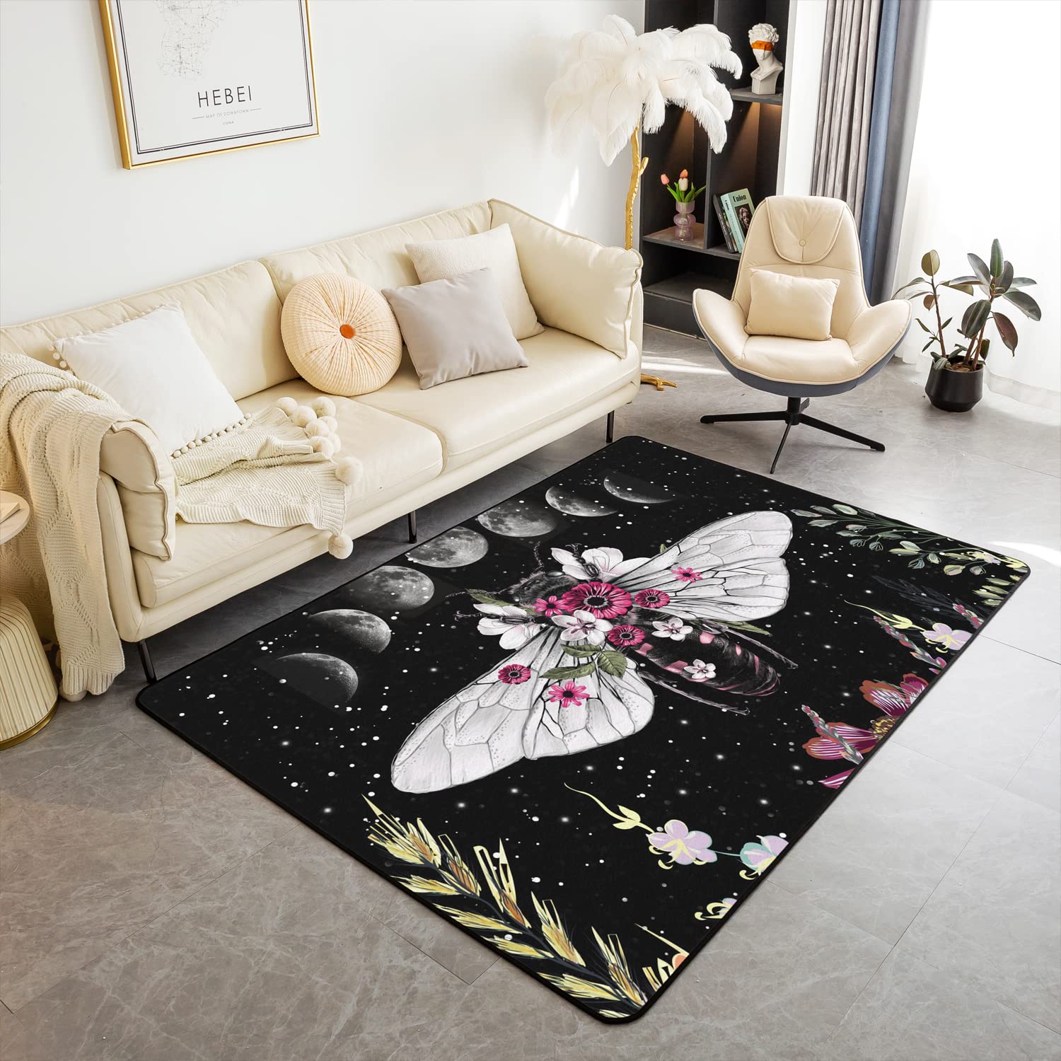 Bee Area Rug 100x150cm Boho Floral Botanical Living Room Rugs for Bedroom Home Decor Bohemian Style Carpet Ultra Soft Non-Slip Indoor Floor Mat