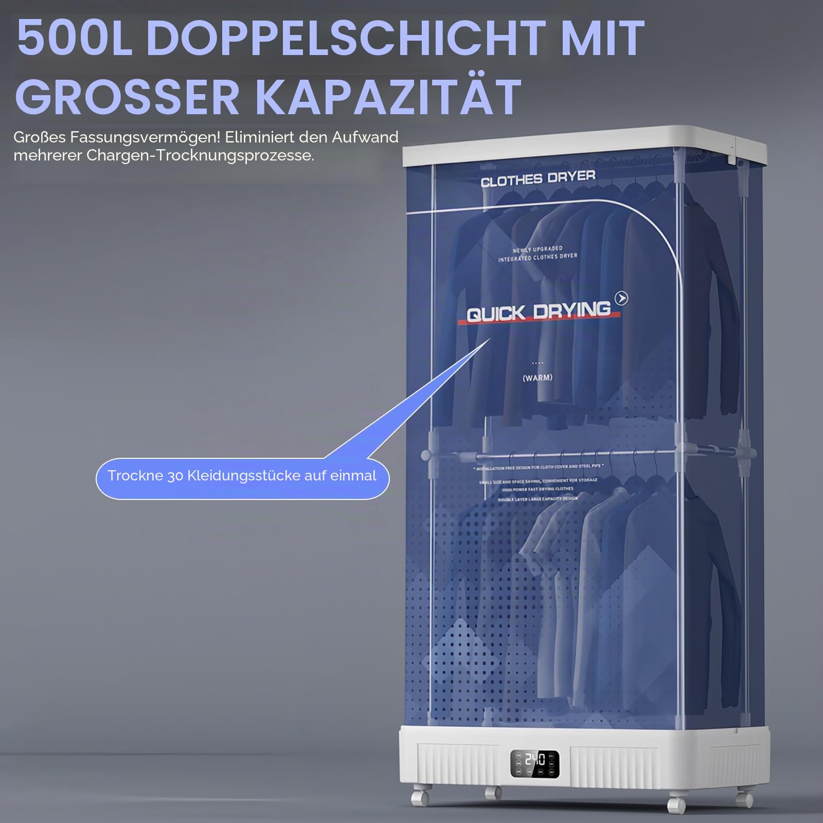 Elektrischer Wäschetrockner 1300 W mit Rollen und 2-stöckigen Gestellen | faltbar und ohne Installation, Wäschetrockenschrank, 500L Fassungsvermögen, 4-Stunden-Timer und Fernbedienung, EU-Stecker