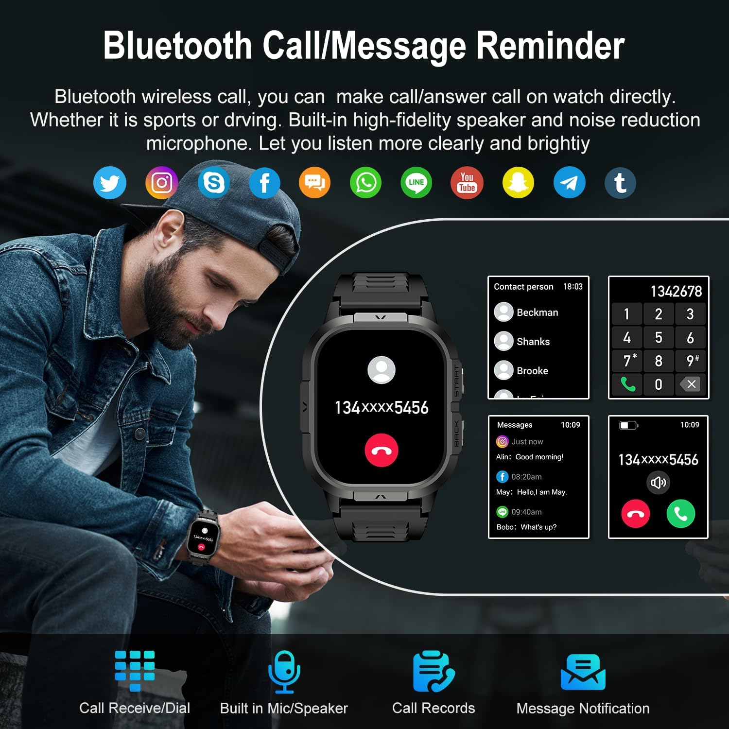 Smartwatch displaying incoming call, contact list, and message notifications.